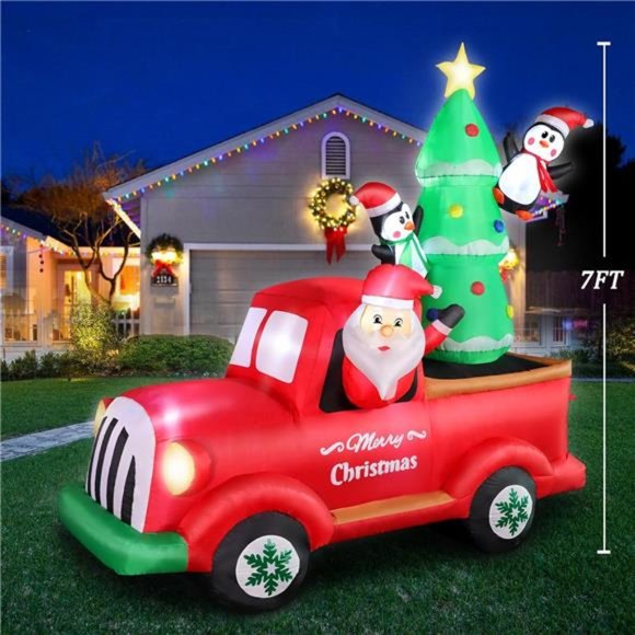 7 FT Christmas Inflatable Santa Claus Driving Red Truck with Built-in Lights - Picture 5 of 6